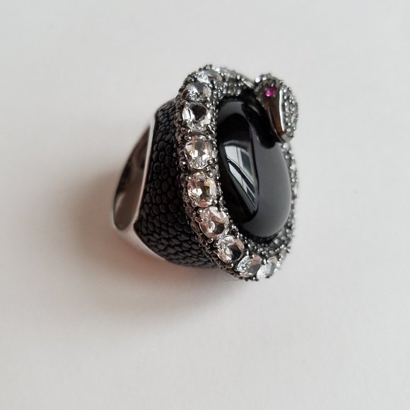 Women's Silver 925 Aquamarine Black Onyx Stingray Skin Snake Ring Size 8 - Picture 7 of 15